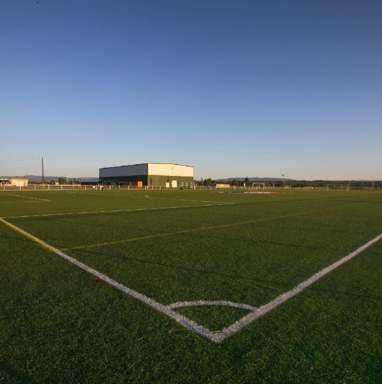 A soccer field with the corner of a goal.