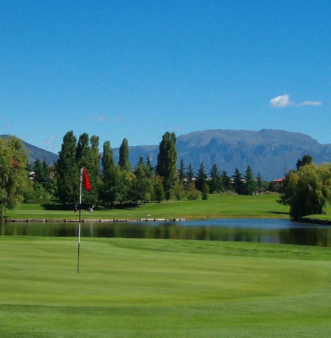 A golf course with trees and mountains in the background.