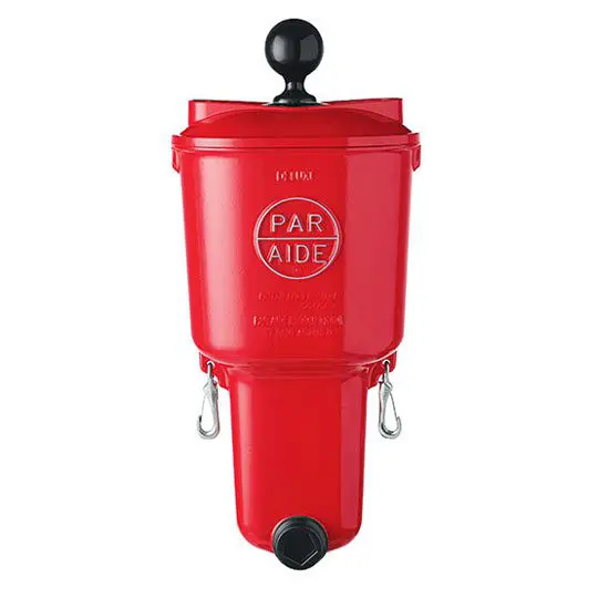 A red water dispenser with a black handle.