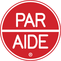 A red and white logo for the paris aid organization.