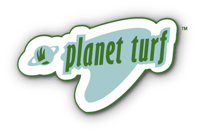 A green background with the words planet turf written in it.