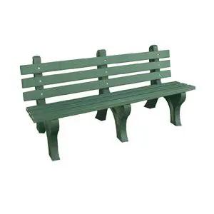 A green park bench with no people around it.