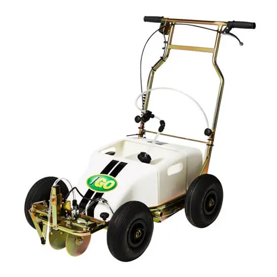 A white cart with a black stripe on it