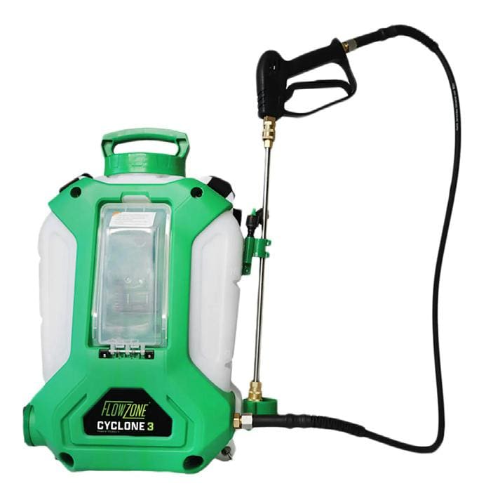 A green and white backpack sprayer with a hose attached.