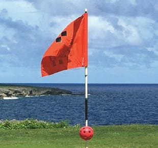 A red flag on the beach with a ball in front of it.