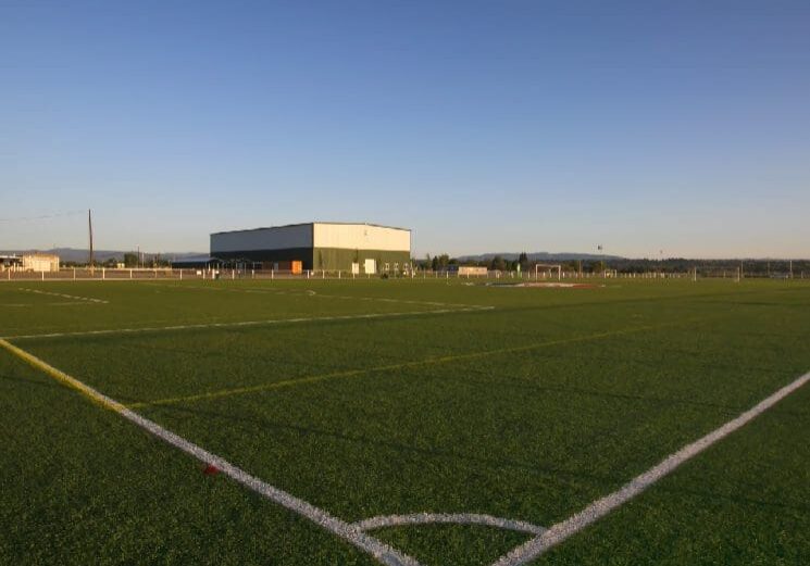 A soccer field with the corner of a goal.